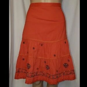 Uniform Orange Bohemian Sequin Embroidery Knee Length Pleated Skirt